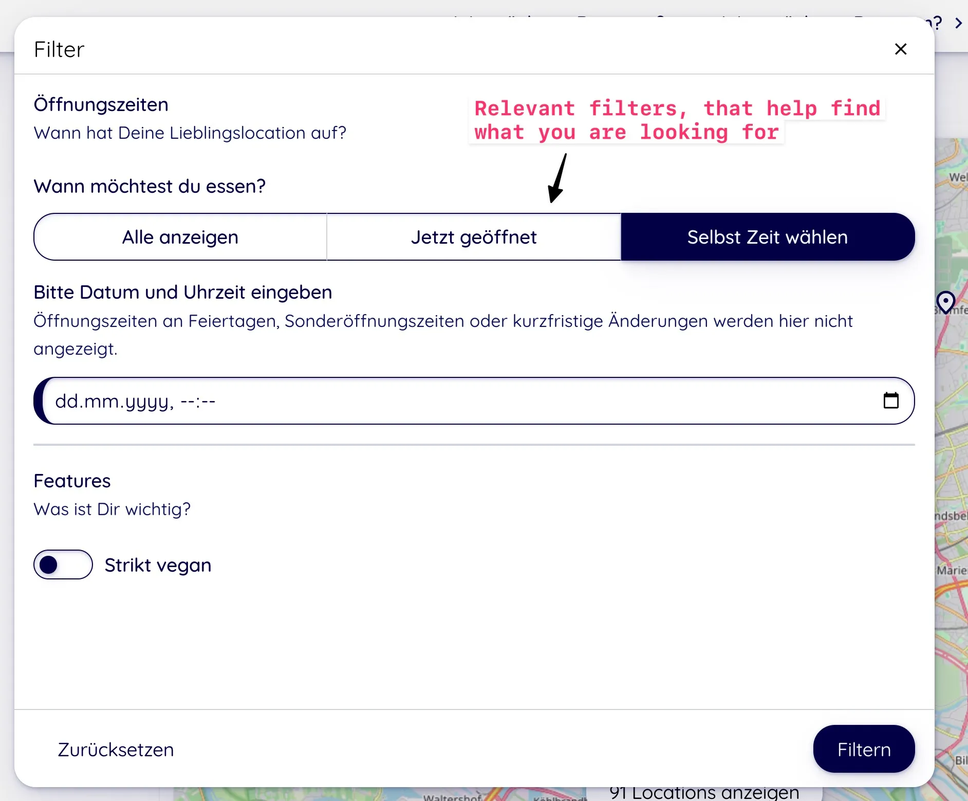 A list of filters in a dialog allow narrowing down what you are looking for