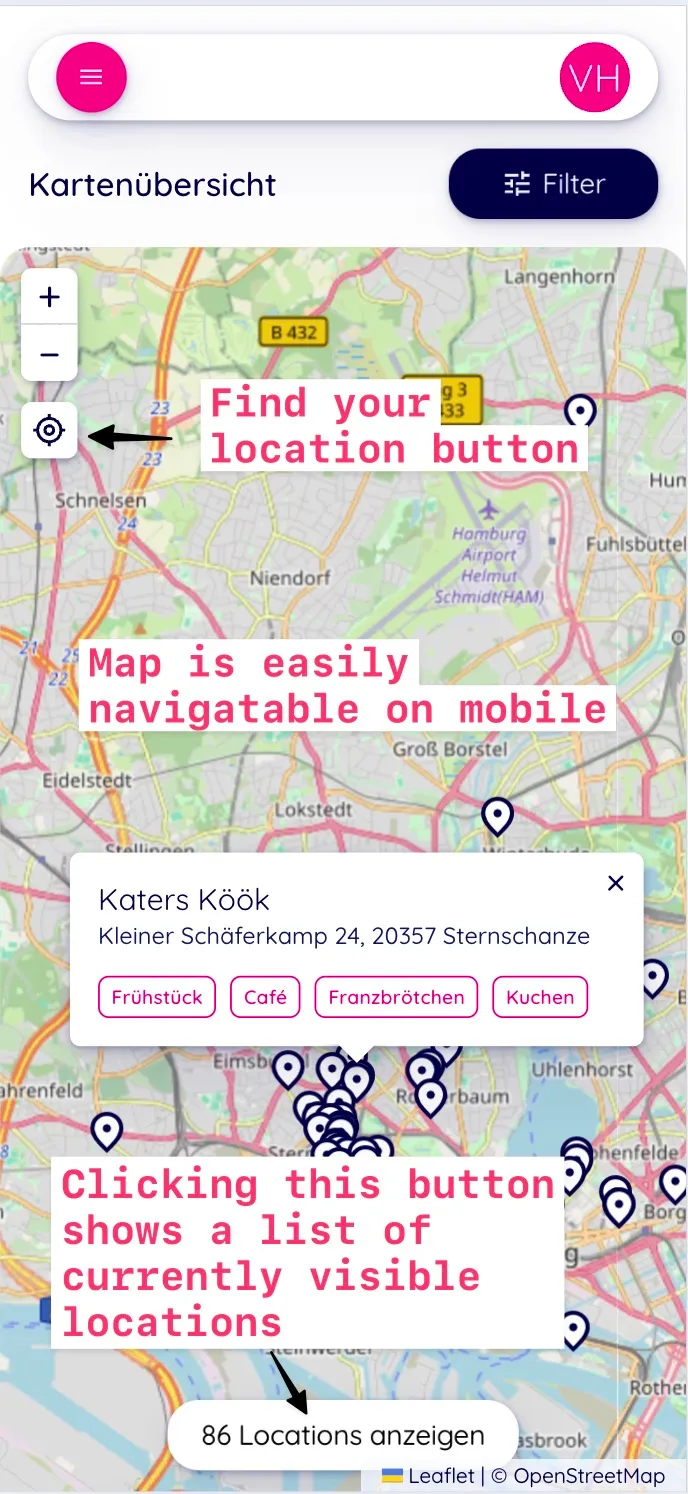 On mobile the list is hidden behind a button. A button for centering to the current location was added