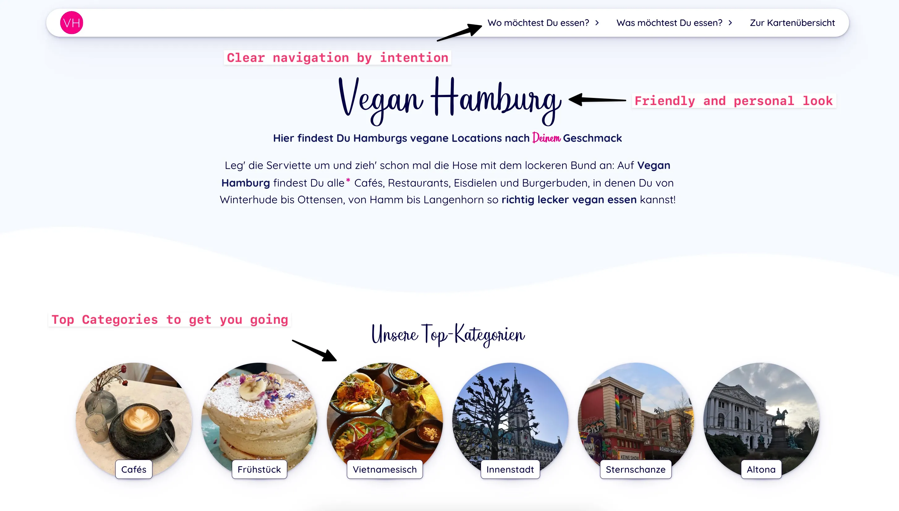 Vegan Hamburg page entry displaying a friendly font welcoming visitors